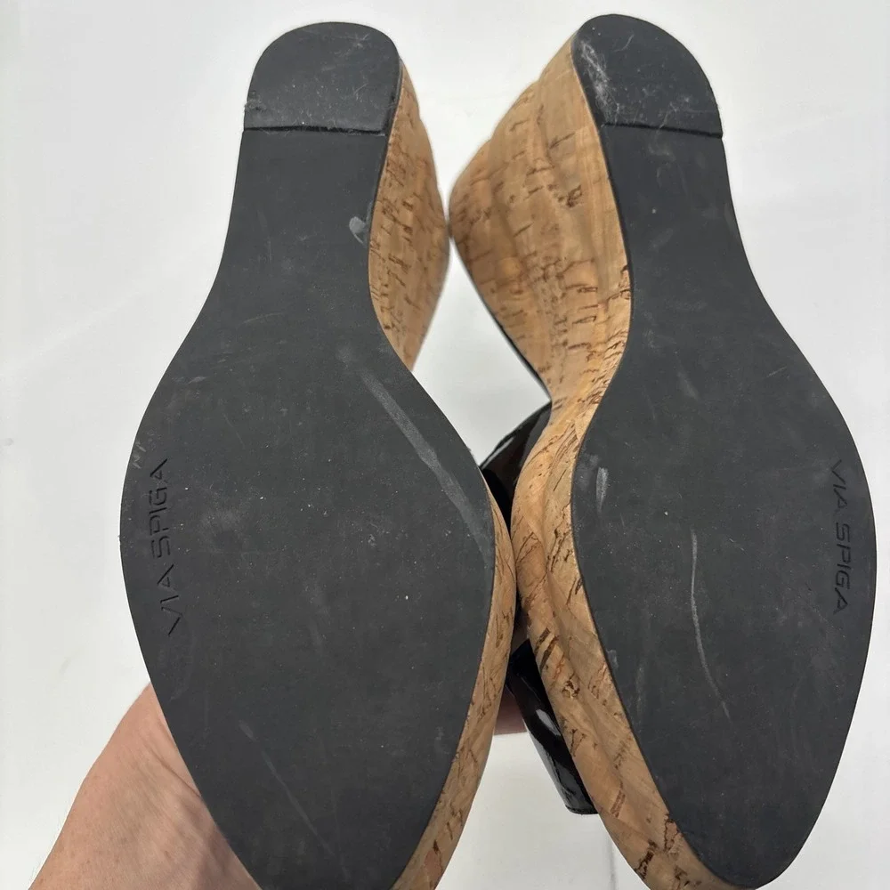 Via Spiga Black Patent Leather Espridalle  Peep Toe Sandal Wedges Women Size 8